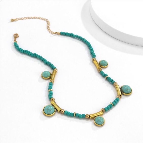 Retro-Look Turquoise Necklace with Golden Accents - Picture 5 of 9